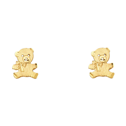 14k Yellow Gold Cute Satin Finish Teddy Bear Stud Childs Toy Earrings
