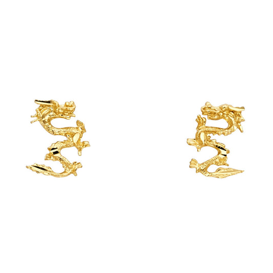 14k Yellow Gold Flying Dragon Stud Good Fortune Protection Prosperity Earrings