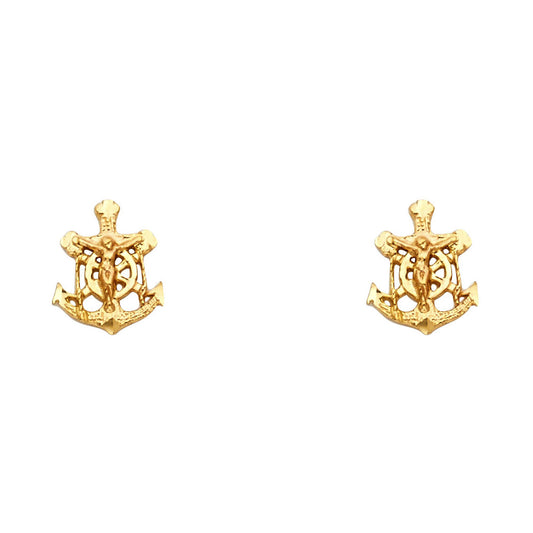 14k Yellow Gold Crucifix Cross Stud Ship Ocean Anchor Earrings