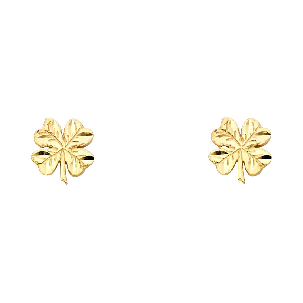 14k Yellow Gold High Polish Shamrock Stud Clover Good Luck Leaf Earrings