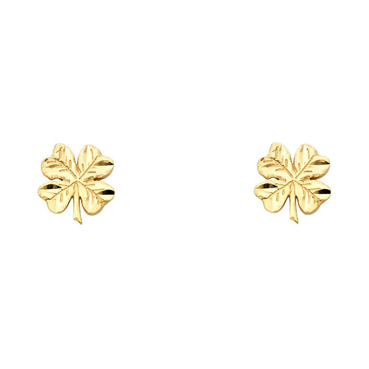 14k Yellow Gold High Polish Shamrock Stud Clover Good Luck Leaf Earrings