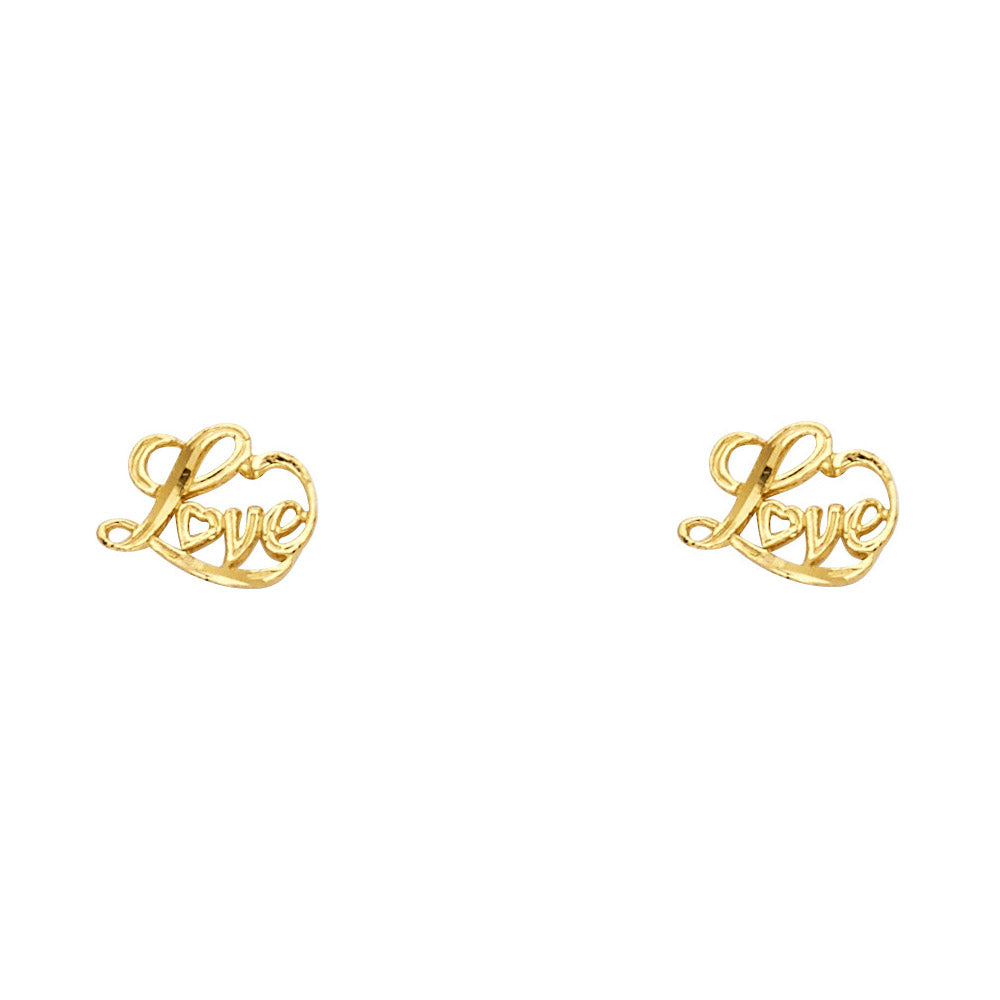 14k Yellow Gold Love Script Stud Word Promise Heart Romantic Earrings