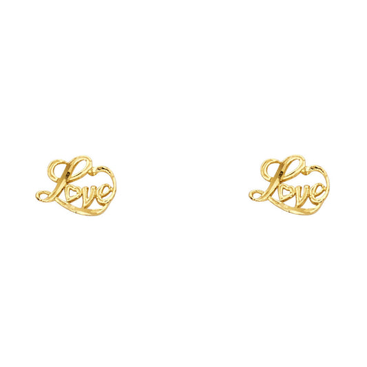 14k Yellow Gold Love Script Stud Word Promise Heart Romantic Earrings