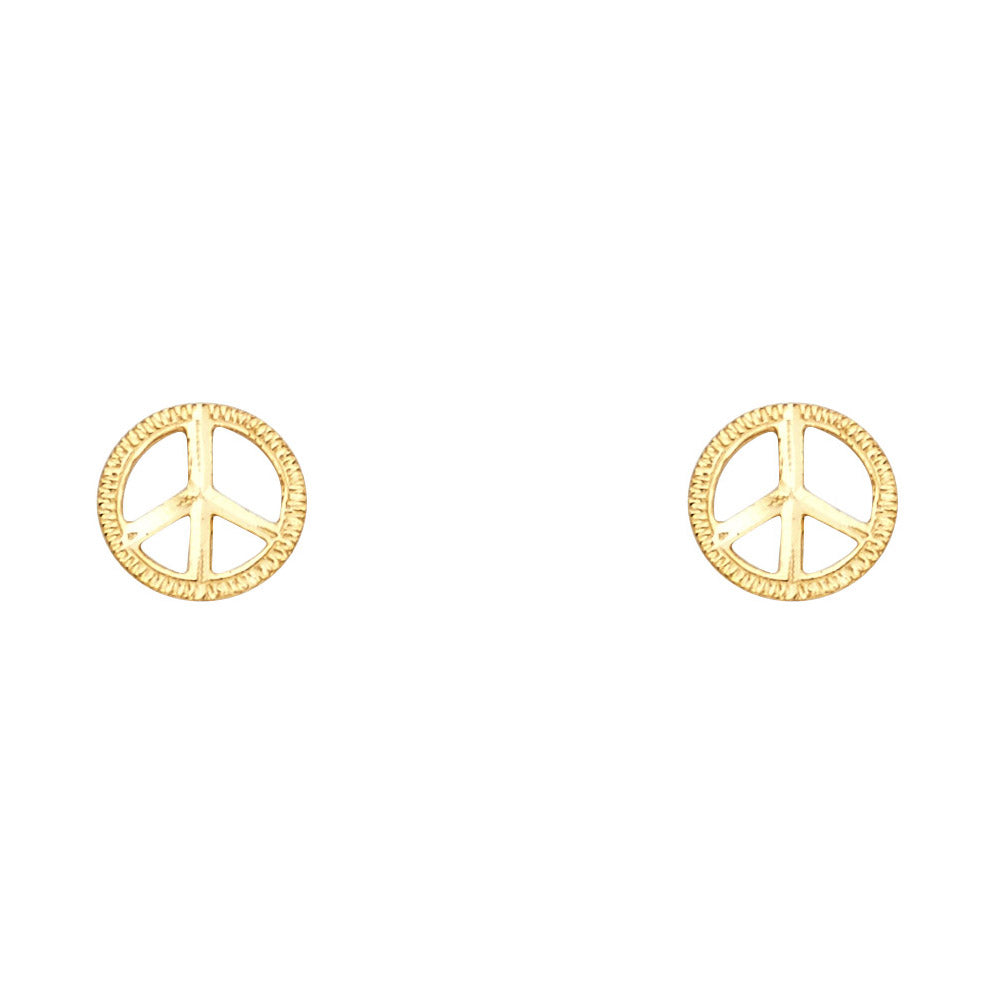 14k Yellow Gold Cute Peace Sign Stud Simple Cutout Hippie Symbol Earrings