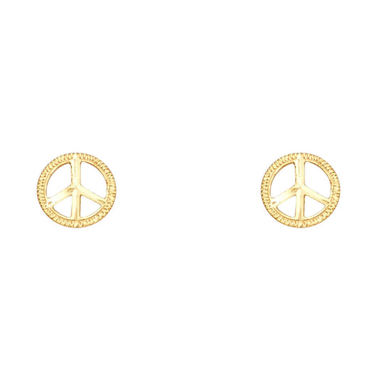 14k Yellow Gold Cute Peace Sign Stud Simple Cutout Hippie Symbol Earrings