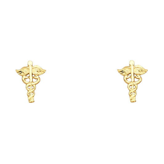 14k Yellow Gold Clinic Mark Stud Serpant Wing Nurse Medical Earrings