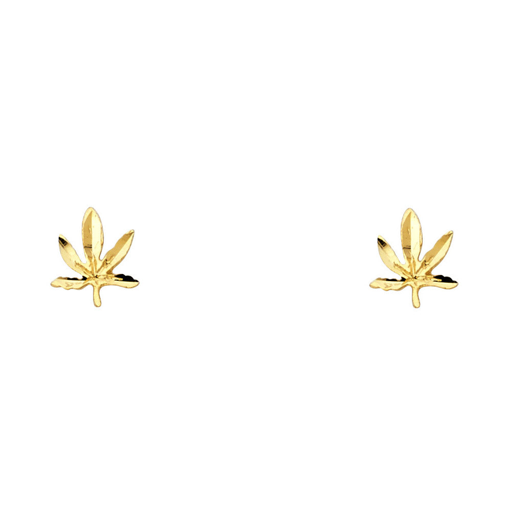 14k Yellow Gold Marijuana Leaf Stud Pot 420 High Weed Earrings