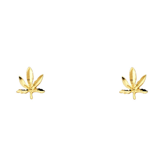 14k Yellow Gold Marijuana Leaf Stud Pot 420 High Weed Earrings