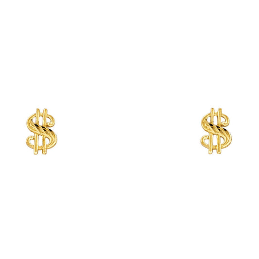 14k Yellow Gold $ Money Symbol Stud Dollar Sign Bling Cash High Polish Earrings