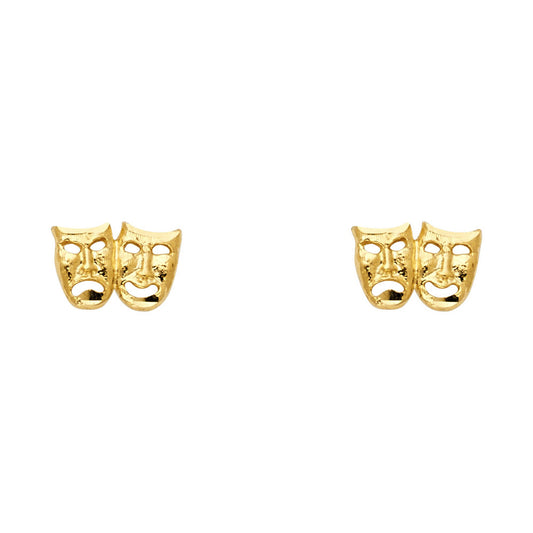 14k Yellow Gold Comedy Tragedy Masks Stud Happy Sad Face Theatre Drama Earrings