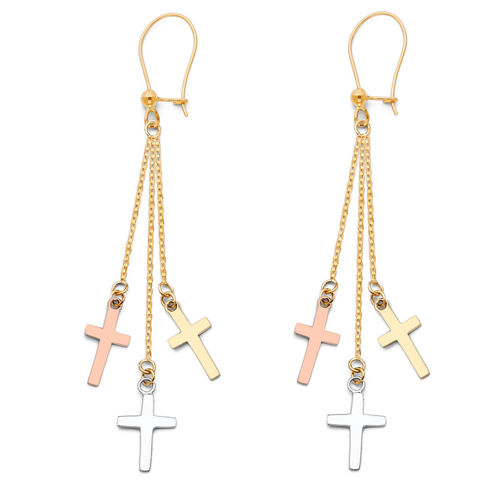 14k Tri-Color Gold Long Cross Dangle Tassel Hanging Christian Earrings