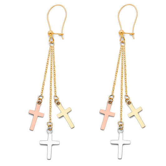 14k Tri-Color Gold Long Cross Dangle Tassel Hanging Christian Earrings
