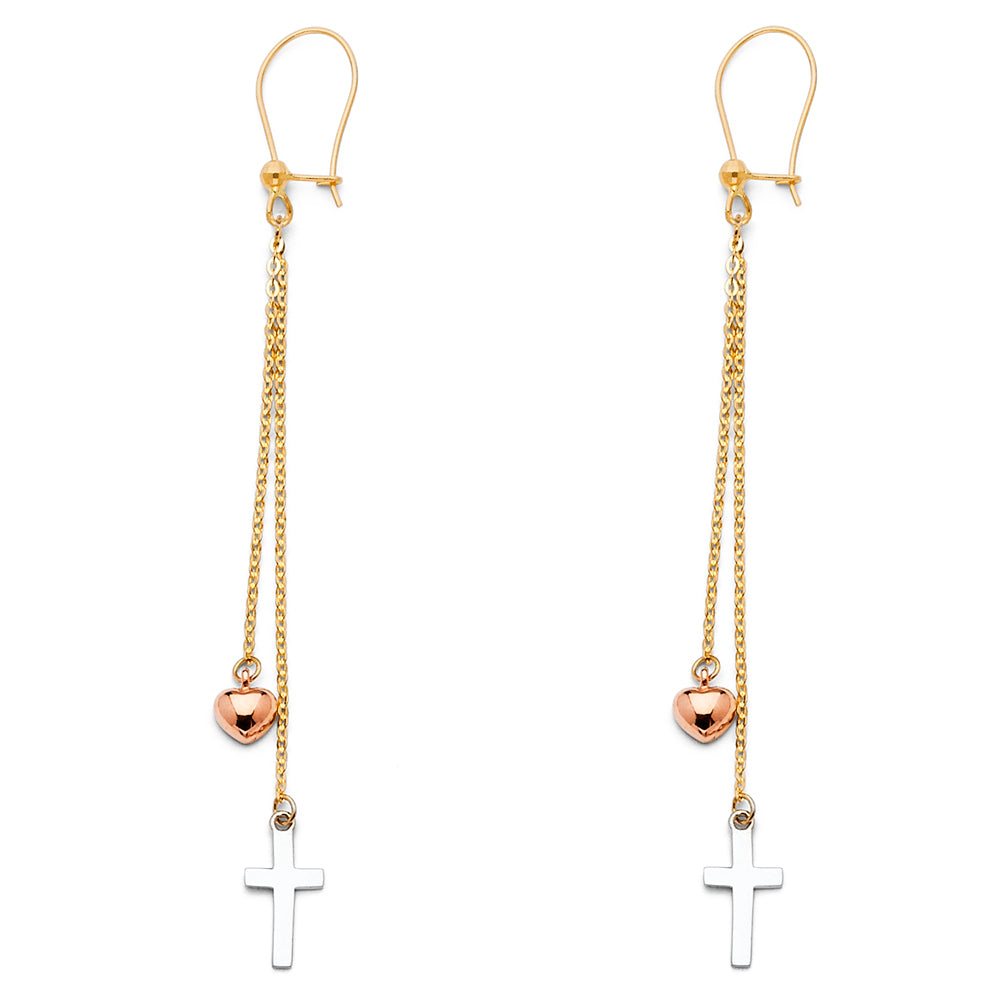 14k Tri-Color Gold Elegant Cross & Heart Hanging Rope Chain Christian Earrings