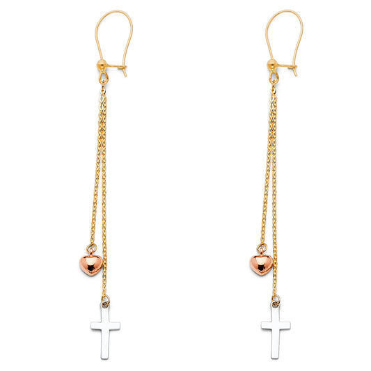14k Tri-Color Gold Elegant Cross & Heart Hanging Rope Chain Christian Earrings