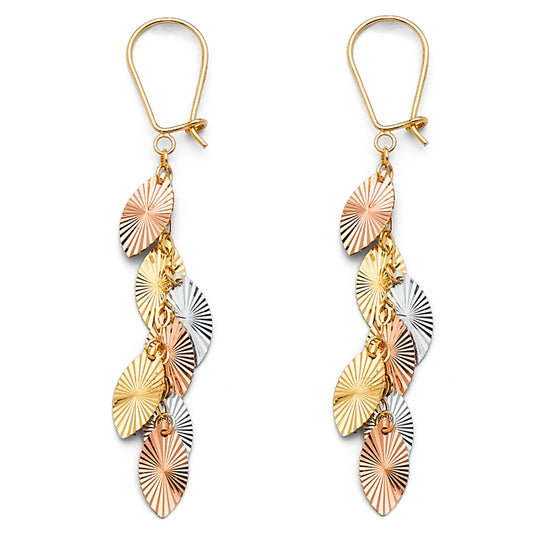 14k Tri-Color Gold Ornate Layered Feather Dangle Leaf Long Earrings