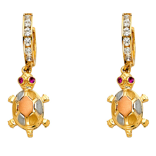 14k Tri-Color Gold Dangle Cute Turtle Animal Mosaic CZ Lever Back Earrings