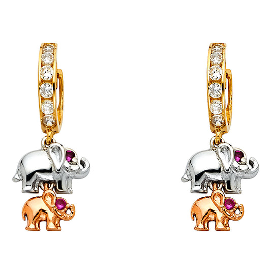 14k Tri-Color Gold Cute Mother & Baby Elephant Animal CZ Lever Back Earrings