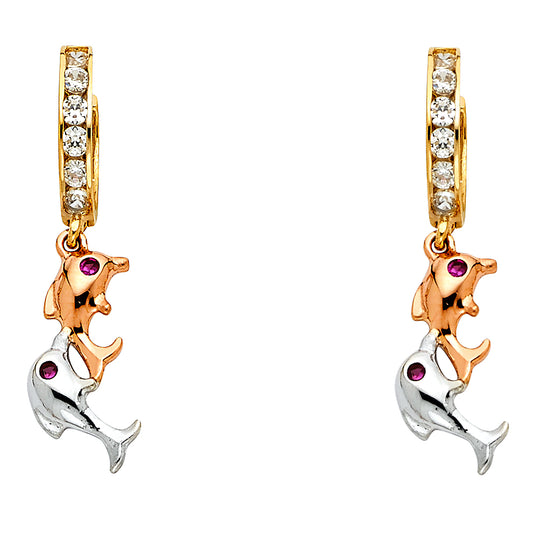 14k Tri-Color Gold Cute Dolphin Animal Family CZ Huggies Earrings
