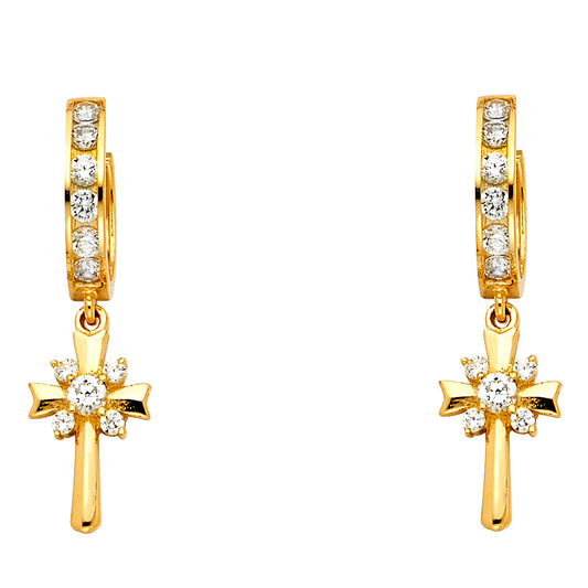14k Yellow Gold Cross Hanging Studded Dangling CZ Huggies Earrings
