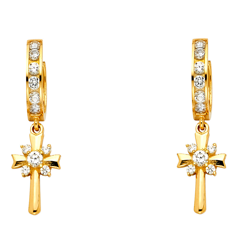 14k Yellow Gold Cross Hanging Studded Dangling CZ Huggies Earrings