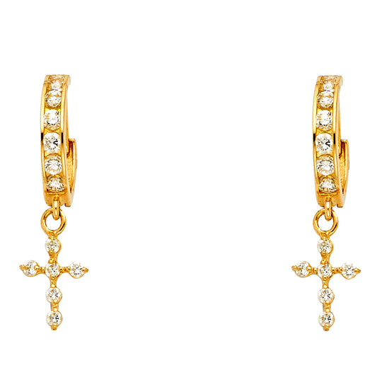 14k Yellow Gold Elegant Hanging Cross CZ Studded Ornate Huggies Earrings