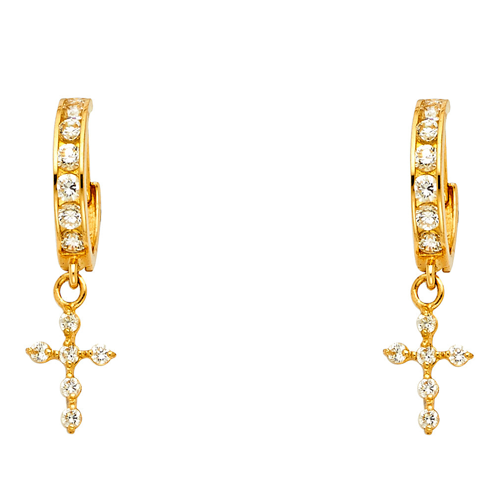 14k Yellow Gold Elegant Hanging Cross CZ Studded Ornate Huggies Earrings