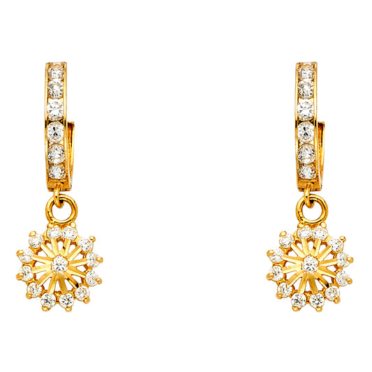14k Yellow Gold Elegant Studded Burst Star Sun Hoop Hanging Dangling Earrings
