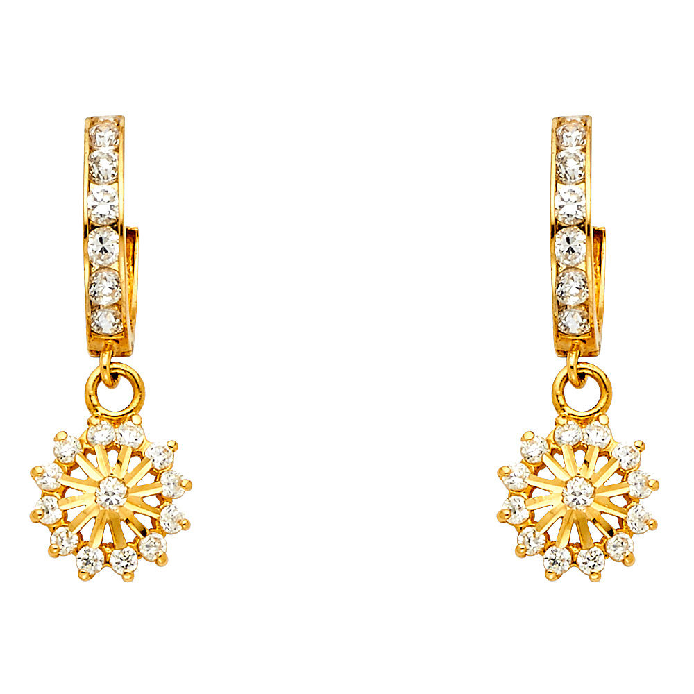 14k Yellow Gold Elegant Studded Burst Star Sun Hoop Hanging Dangling Earrings