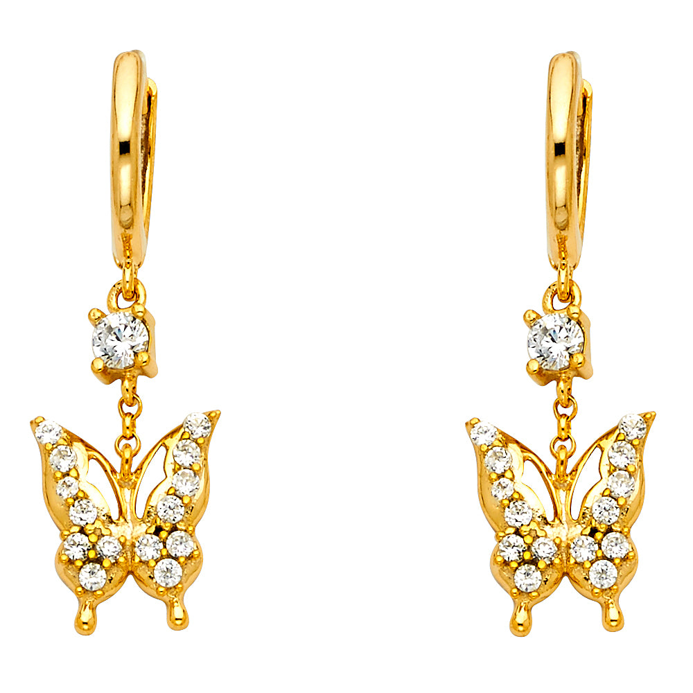14k Yellow Gold Elegant Studded Butterfly Micro Pave Cutout Wing Earrings