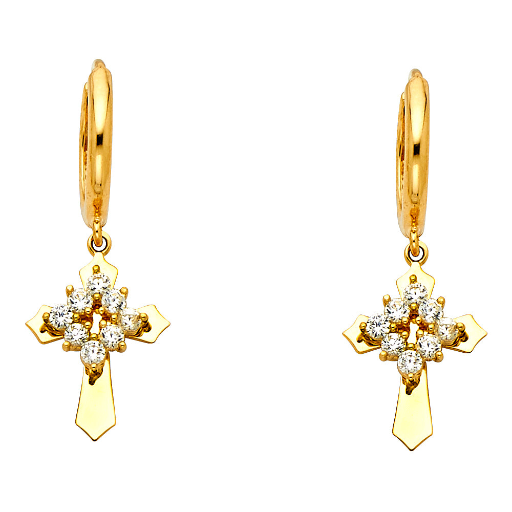 14k Yellow Gold High Polish Flat Cross Hanging Dangling Hoop Earrings