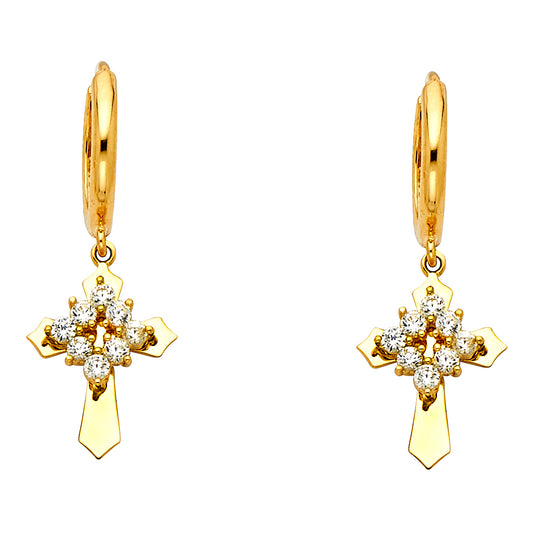 14k Yellow Gold High Polish Flat Cross Hanging Dangling Hoop Earrings