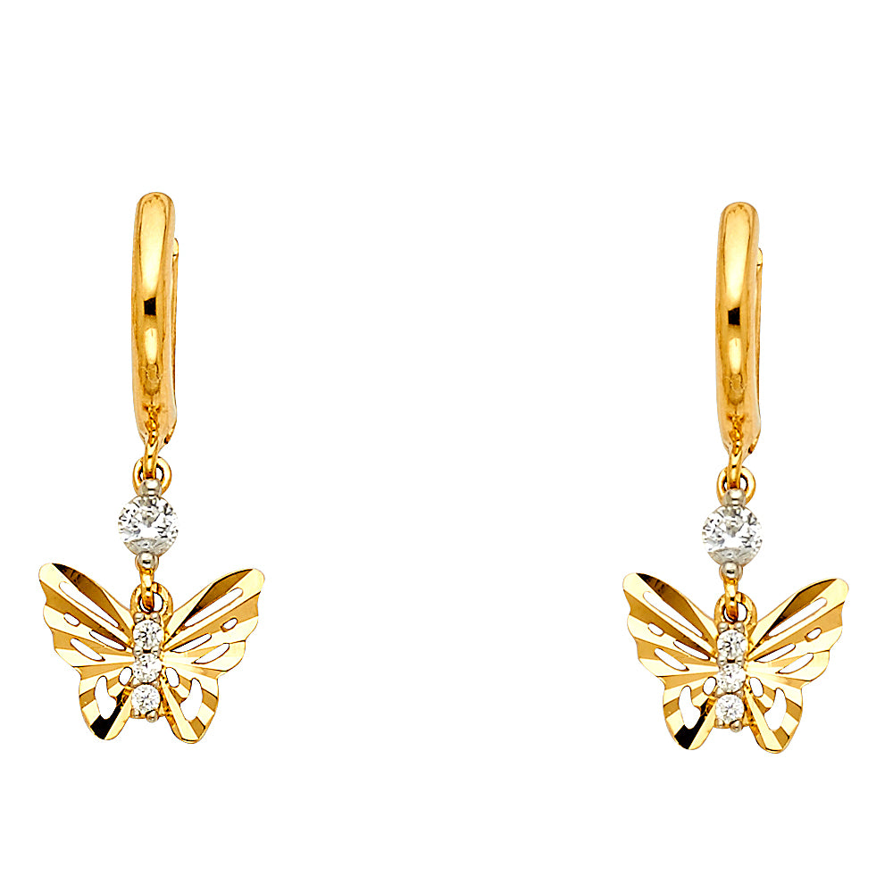 14k Yellow Gold Elegant Diamond-Cut Butterfly Studded Hanging Dangling Earrings