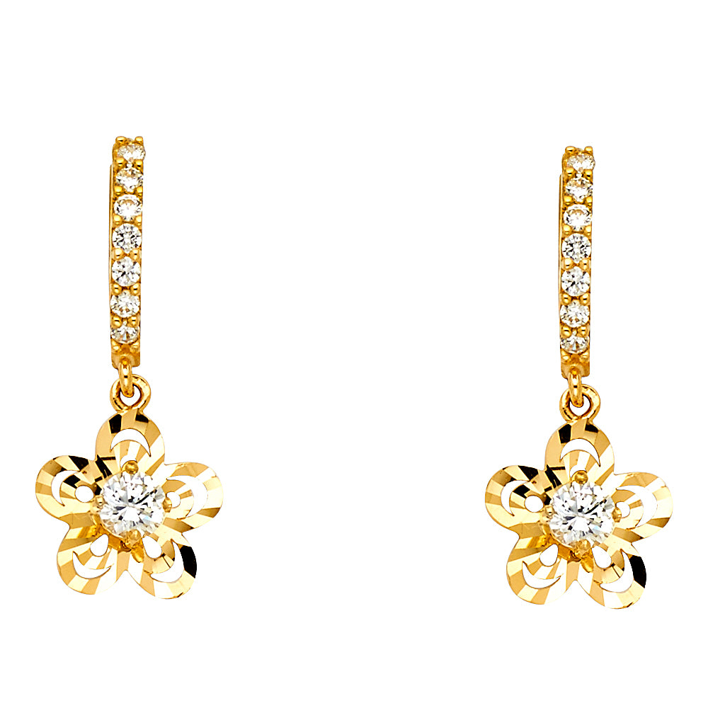 14k Yellow Gold Diamond-Cut Flower Hanging Huggie Studded CZ Hoop Earrings
