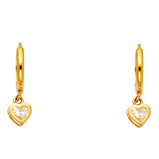14k Yellow Gold Classic Hanging Promise Heart Love Romantic Dangling Earrings