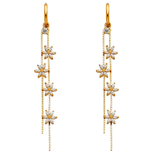 14k Yellow Gold Elegant Hanging Star Dangling Studded Flower Earrings