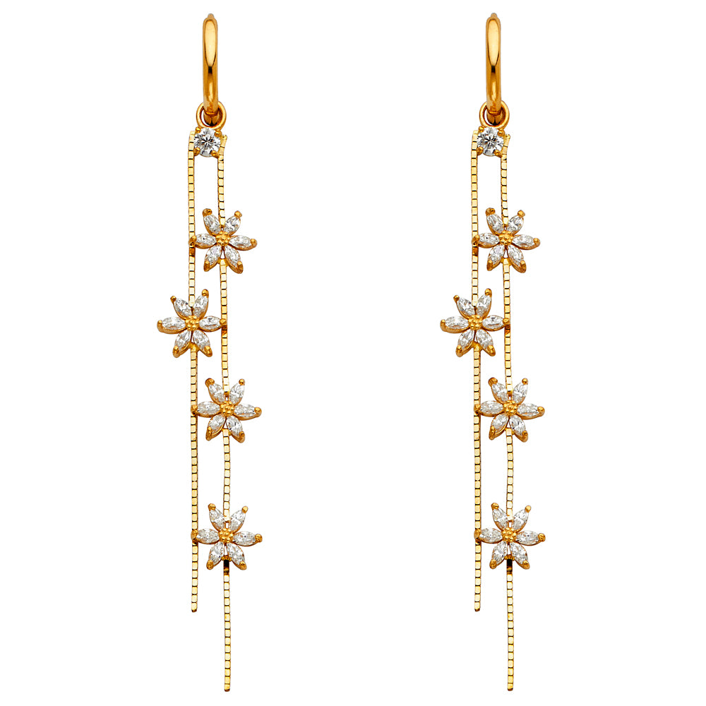 14k Yellow Gold Elegant Hanging Star Dangling Studded Flower Earrings