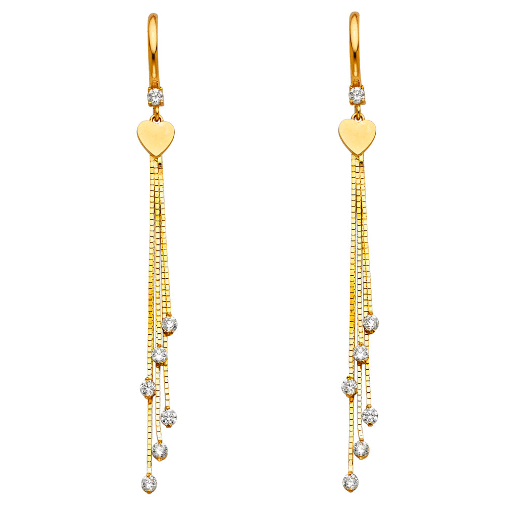 14k Yellow Gold Elegant Hanging Chain CZ Dangling Studded Flat Heart Earrings