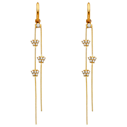 14k Yellow Gold Elegant Studded Crown Hanging Dangling Long Chain Earrings