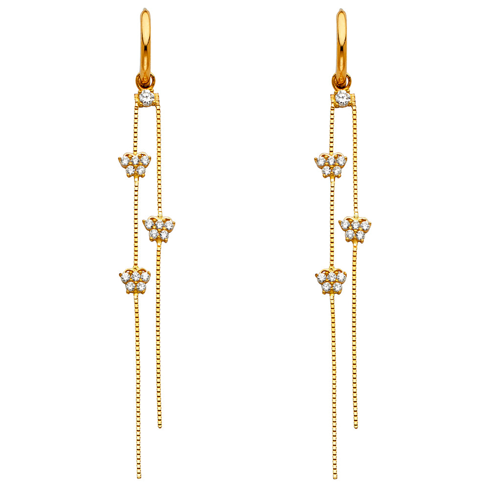 14k Yellow Gold Elegant Studded Crown Hanging Dangling Long Chain Earrings