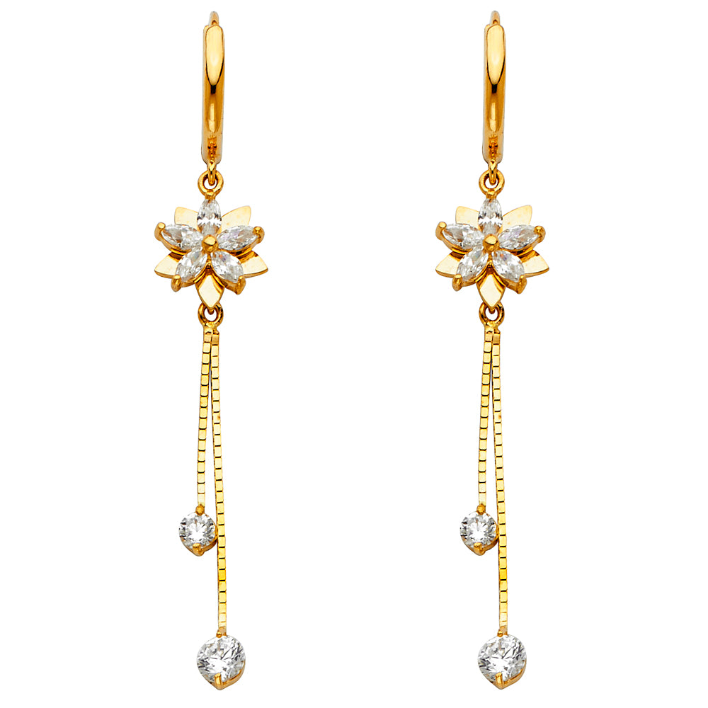 14k Yellow Gold Elegant Burst Tassel Hanging Dangling Blooming Lotus Earrings