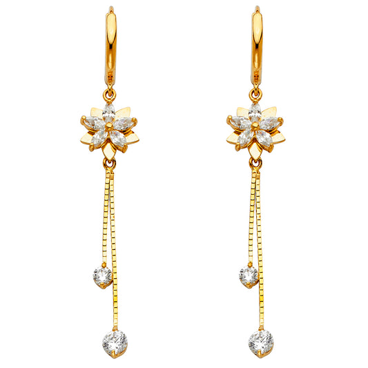 14k Yellow Gold Elegant Burst Tassel Hanging Dangling Blooming Lotus Earrings