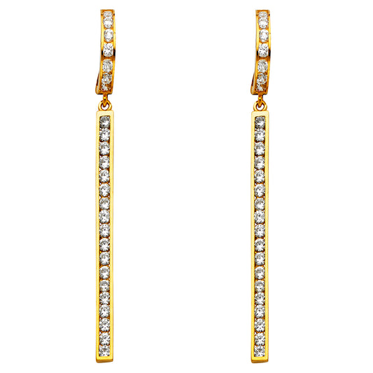 14k Yellow Gold Elongated Bar Studded Hanging Dangling Earrings