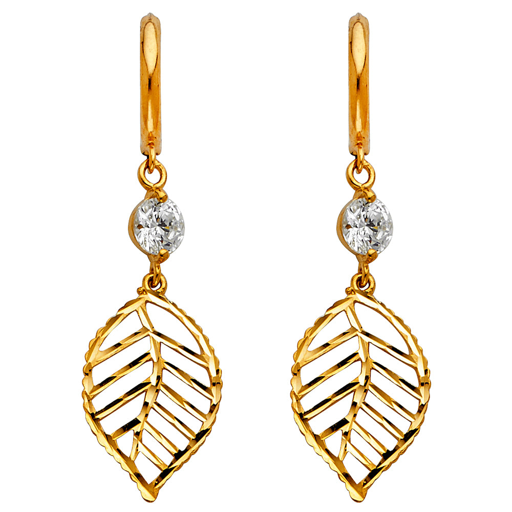 14k Yellow Gold Elegant Leaf Dangle Hanging Feather Cutout Earrings