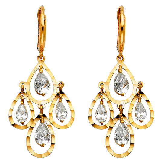 14k Yellow Gold Elegant Hanging Chandelier Teardrop Peacock Earrings