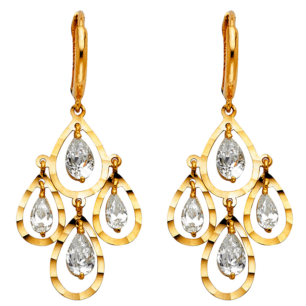 14k Yellow Gold Elegant Hanging Chandelier Teardrop Peacock Earrings