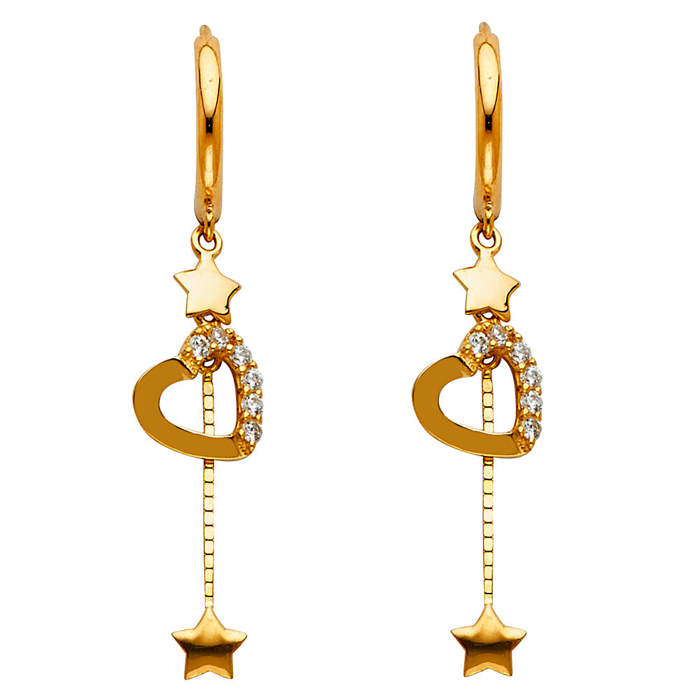 14k Yellow Gold Elongated Hanging Star Cutout Heart Promise Love Earrings