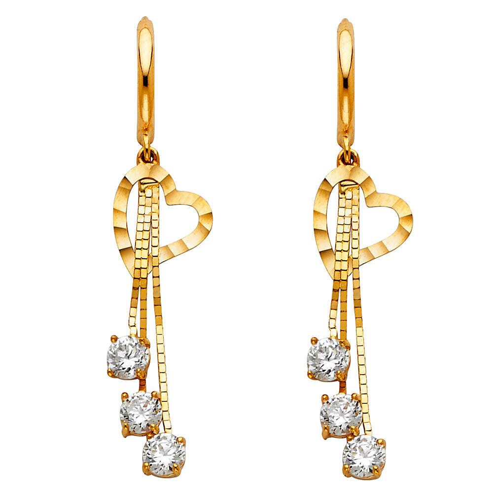 14k Yellow Gold Elegant Promise Heart Hanging Dangling Studded Chain Earrings