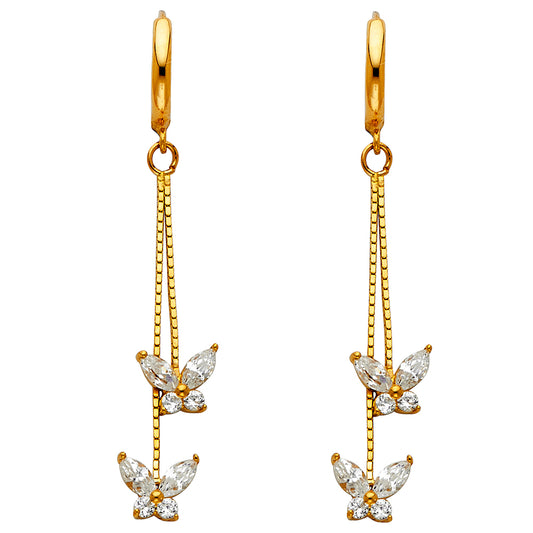 14k Yellow Gold Hanging Studded Butterfly Long Chain Dangling Animal Earrings