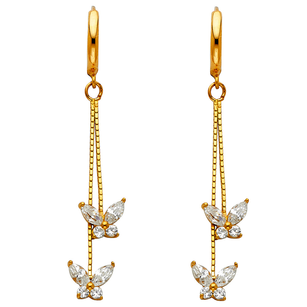 14k Yellow Gold Hanging Studded Butterfly Long Chain Dangling Animal Earrings