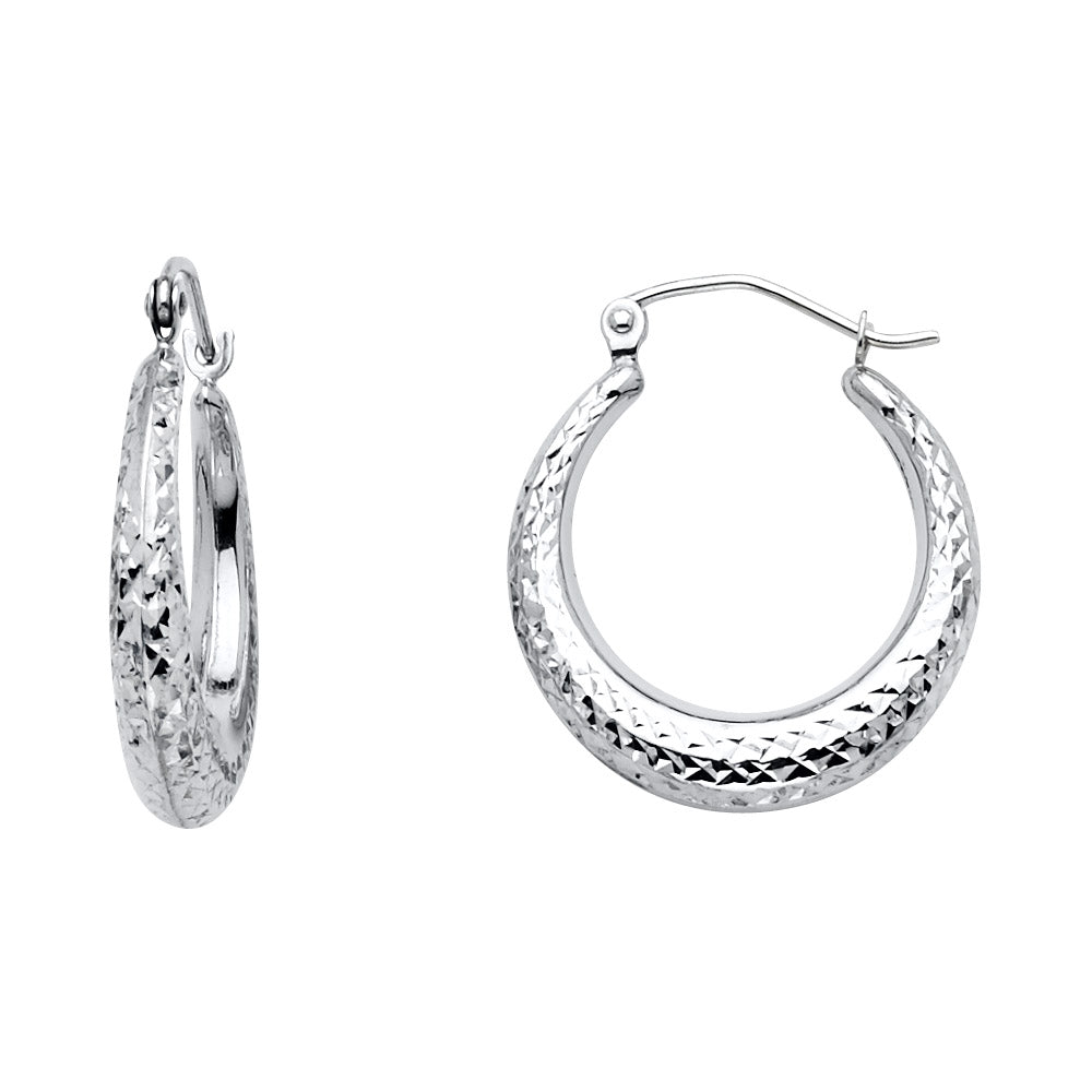 14k White Gold Simple High Polish Hoop Criss Cross Pattern Grooved Earrings